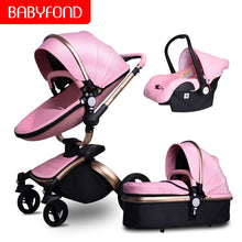 Load image into Gallery viewer, Free ship! Babyfond  3 in 1 baby stroller 360 degree rotate Carriage gold frame PU Pram EU safety Car Seat with Bassinet newborn