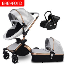 Load image into Gallery viewer, Free ship! Babyfond  3 in 1 baby stroller 360 degree rotate Carriage gold frame PU Pram EU safety Car Seat with Bassinet newborn