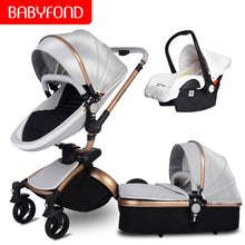 Load image into Gallery viewer, Free ship! Babyfond  3 in 1 baby stroller 360 degree rotate Carriage gold frame PU Pram EU safety Car Seat with Bassinet newborn