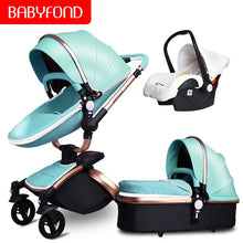 Load image into Gallery viewer, Free ship! Babyfond  3 in 1 baby stroller 360 degree rotate Carriage gold frame PU Pram EU safety Car Seat with Bassinet newborn