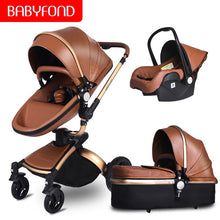 Load image into Gallery viewer, Free ship! Babyfond  3 in 1 baby stroller 360 degree rotate Carriage gold frame PU Pram EU safety Car Seat with Bassinet newborn