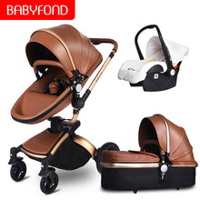 Load image into Gallery viewer, Free ship! Babyfond  3 in 1 baby stroller 360 degree rotate Carriage gold frame PU Pram EU safety Car Seat with Bassinet newborn