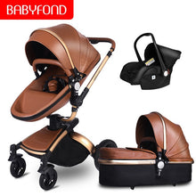 Load image into Gallery viewer, Free ship! Babyfond  3 in 1 baby stroller 360 degree rotate Carriage gold frame PU Pram EU safety Car Seat with Bassinet newborn