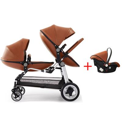 Fast shipping ! Luxury twins stroller aluminum frame leather twin  pram baby can sit and lying with car seat double stroller