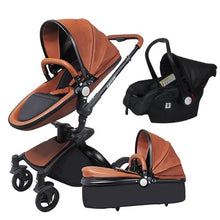 Load image into Gallery viewer, Free ship! Babyfond  3 in 1 baby stroller 360 degree rotate Carriage gold frame PU Pram EU safety Car Seat with Bassinet newborn